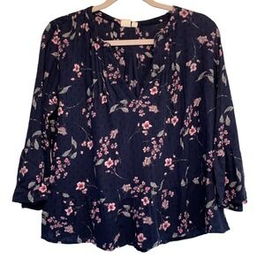 Gap Floral Bell Sleeve Blouse Size S Navy Blue Cotton Swiss Dot Peplum Top